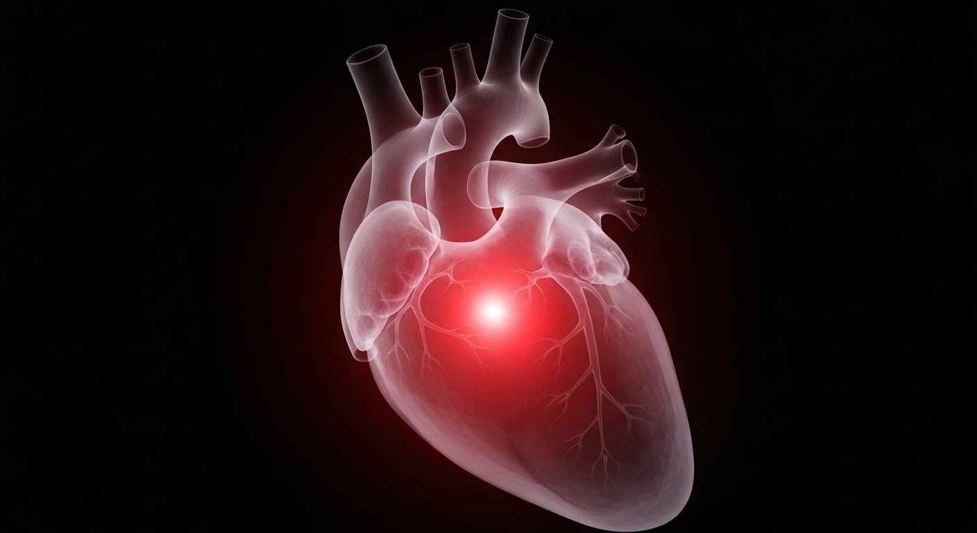 A translucent, ghostly X-ray photograph of a human heart, glowing with a faint red light, conceptually representing the importance of healthcare access.