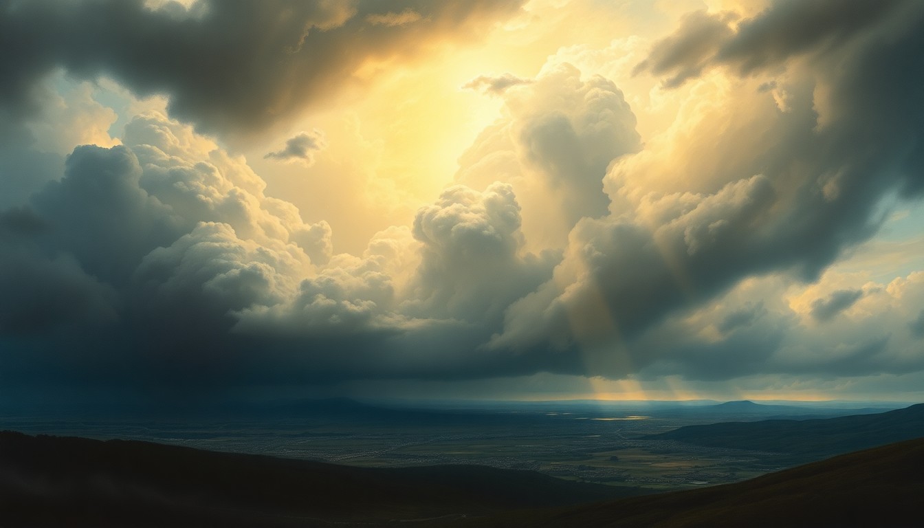 A dramatic, atmospheric landscape painting in muted tones of grey, blue, and gold, with a distant cityscape partially obscured by swirling clouds and dramatic lighting, conveying the overwhelming scale and power of an impending weather event.