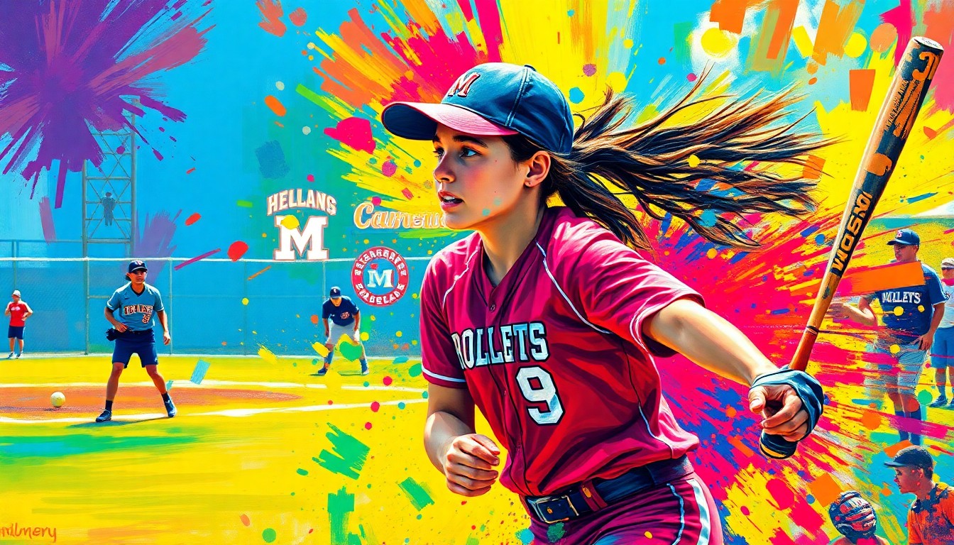 An abstract expressionist painting in vibrant neon colors, capturing the dynamic motion and raw energy of a high school softball game with players' forms dissolving into unrecognizable brushstrokes.