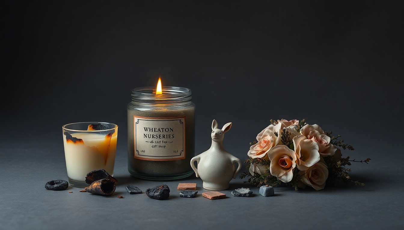 A high-end, photorealistic studio still-life photograph showing a collection of charred and damaged items from a fire, including a partially melted candle, a cracked ceramic figurine, and a singed floral arrangement, all arranged elegantly on a clean, dark grey background.