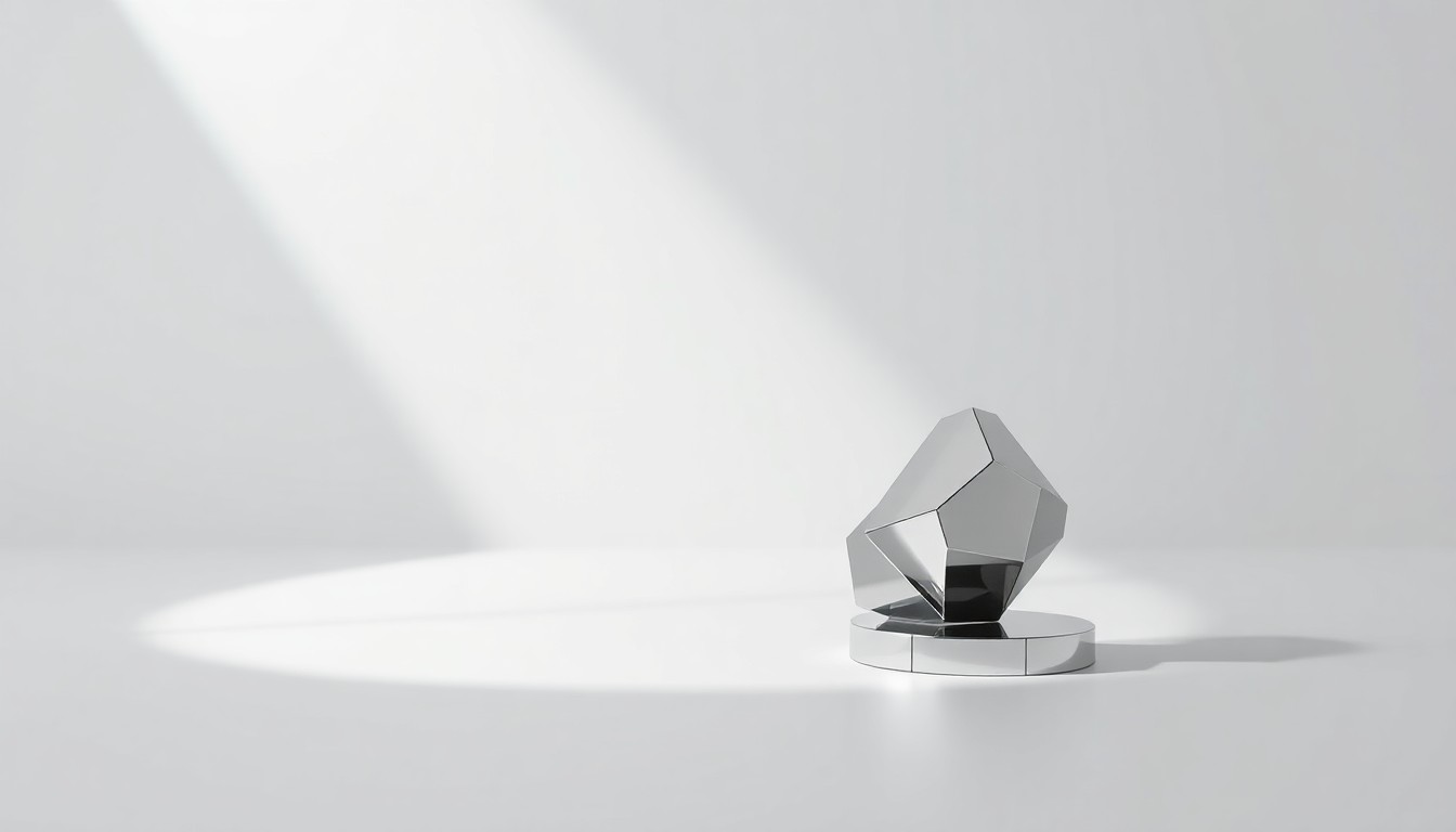 A highly polished, geometric metal sculpture or object representing the concept of sustainability certification, placed on a clean, monochromatic background and dramatically lit to convey a sense of precision, quality, and authority.