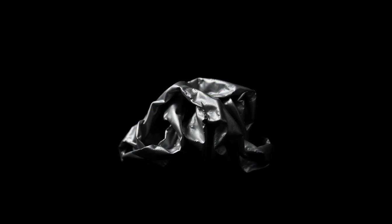An extreme close-up photograph of a twisted, crumpled metal object against a pitch-black background, lit by a harsh camera flash, conceptually representing the physical evidence of a violent crime.