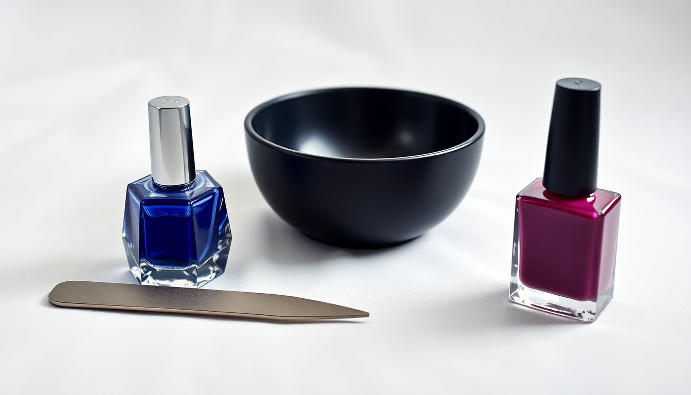 A high-end, photorealistic studio still-life photograph featuring a polished, geometric nail file, a glass bottle of premium nail polish, and a smooth, matte black manicure bowl, all arranged elegantly on a clean, white seamless background with dramatic studio lighting and deep shadows.