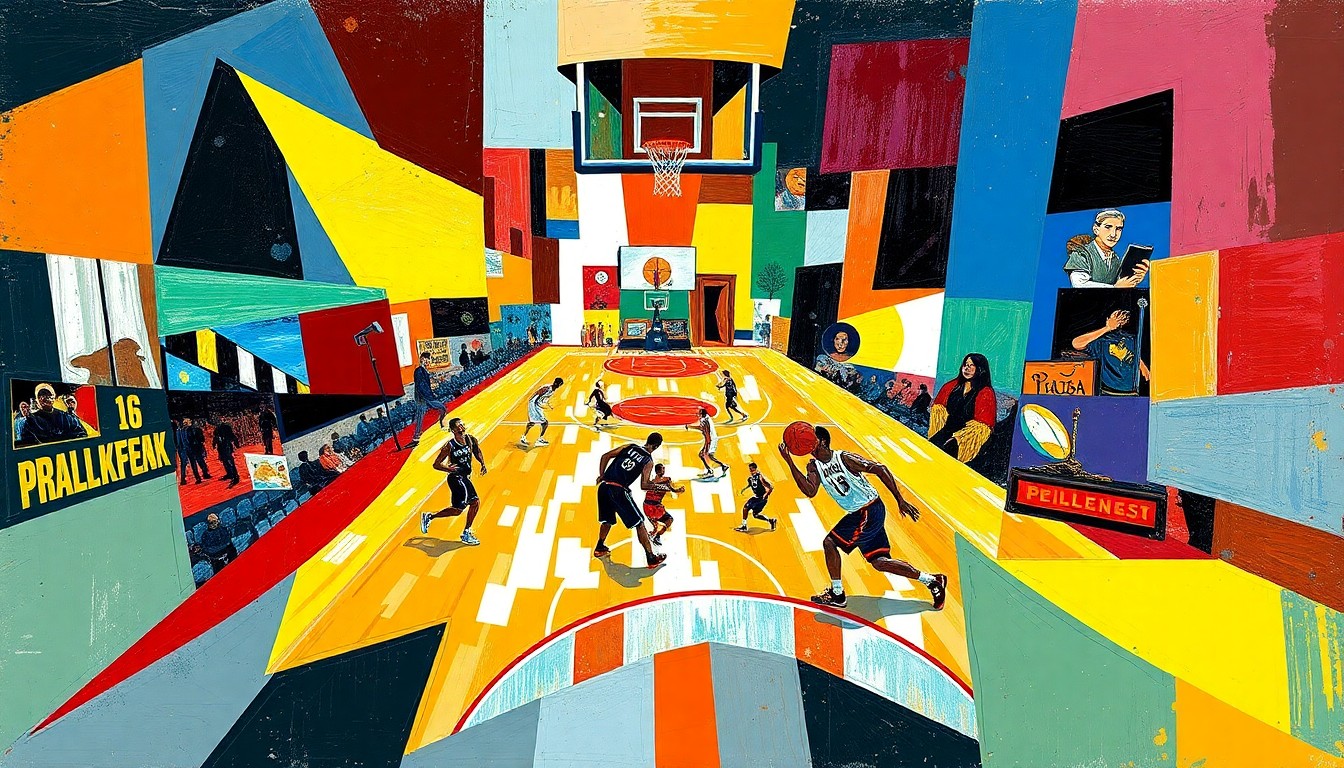 A cubist, geometric painting depicting the fast-paced action of an NBA game, with players and the court broken down into overlapping planes of color and shape.