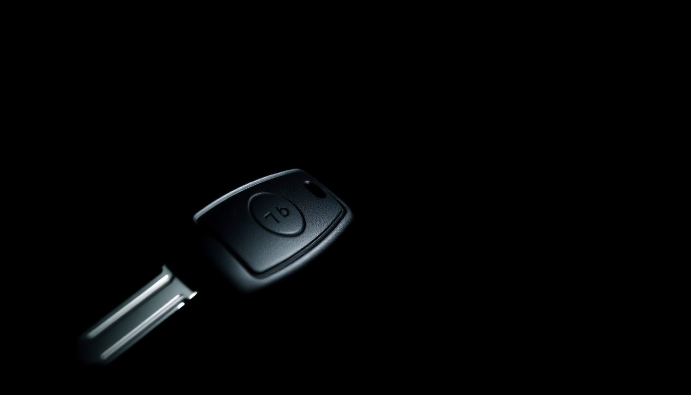 An extreme close-up photograph of a car key and ignition switch against a pitch-black background, lit by a harsh direct camera flash, conceptually representing the enforcement of driving laws and outstanding warrants.