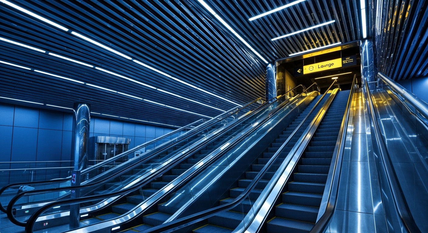 A highly stylized, geometric airport terminal interior rendered in bold, sweeping lines and gradients of steel blue, chrome, and amber, capturing the monumental scale and sleek design of modern travel infrastructure.