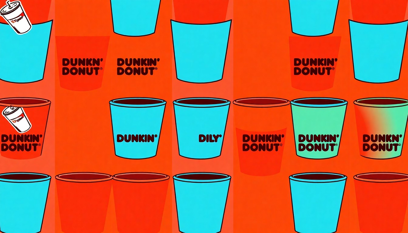 A brightly colored, high-contrast silkscreen print of a single Dunkin' Donuts coffee cup repeated in a tight grid pattern, conceptually representing the chain's iconic status and cultural importance in the Boston area.