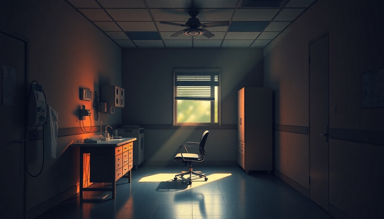 A dimly lit, cinematic painting of a solitary medical office, with warm sunlight and deep shadows, conceptually representing the unease and challenges faced by a female minority surgeon in a leadership role.
