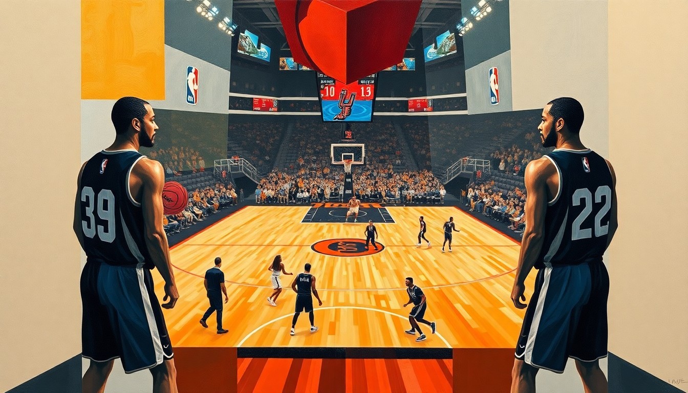 A fractured, multi-perspective painting depicting a basketball game between two teams, with the players' figures reduced to abstract geometric shapes in the team's colors, the court and arena fading into the background.
