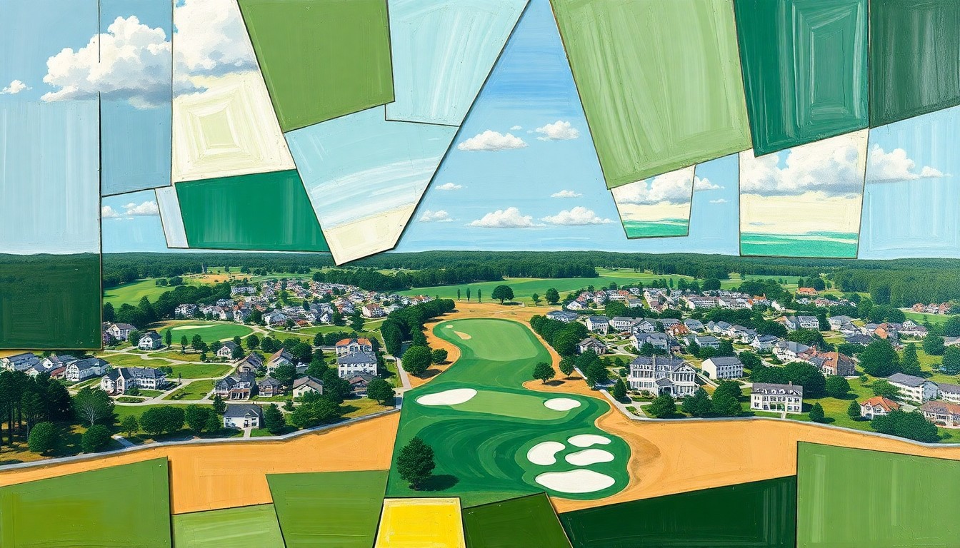 A fractured, cubist-style painting depicting the Augusta National golf course and surrounding neighborhood, with sharp geometric planes in shades of green, tan, and blue representing the transformation of the public Patch course.