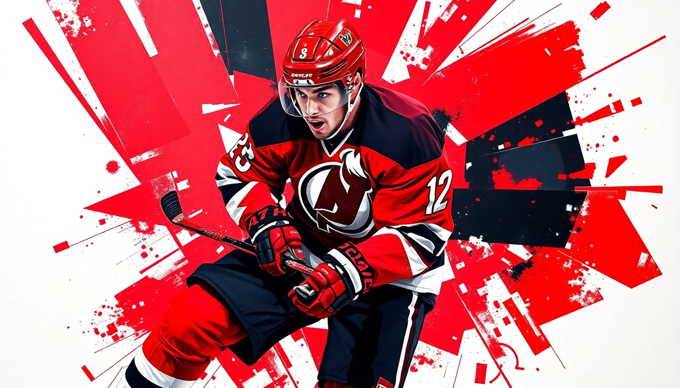 A cubist, geometric painting depicting a hockey player in mid-motion, with sharp, overlapping planes of red, black, and white colors representing the Devils' team palette, conveying the uncertainty and fragmentation surrounding the team's captain and the challenges they face.