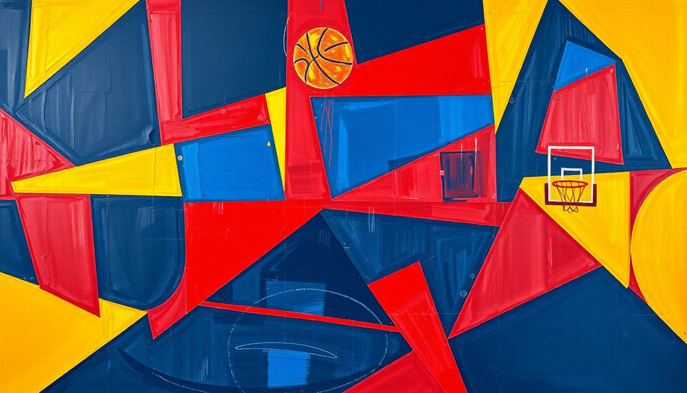 A cubist-style painting featuring fragmented, overlapping geometric shapes in navy, red, and yellow, conceptually representing the intensity and energy of a high-stakes NBA matchup.