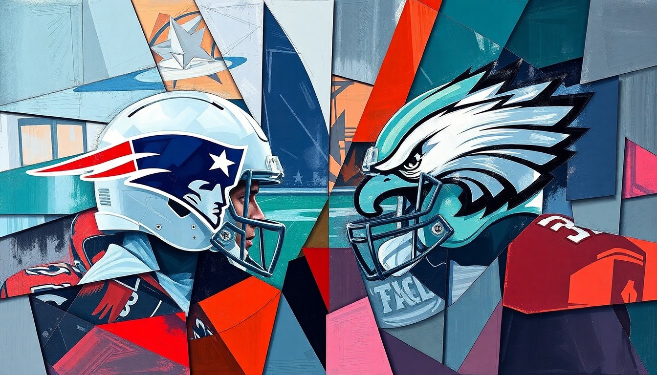 A cubist, geometric painting depicting a fragmented football match or game, with sharp, overlapping planes of color and form representing the action on the field.