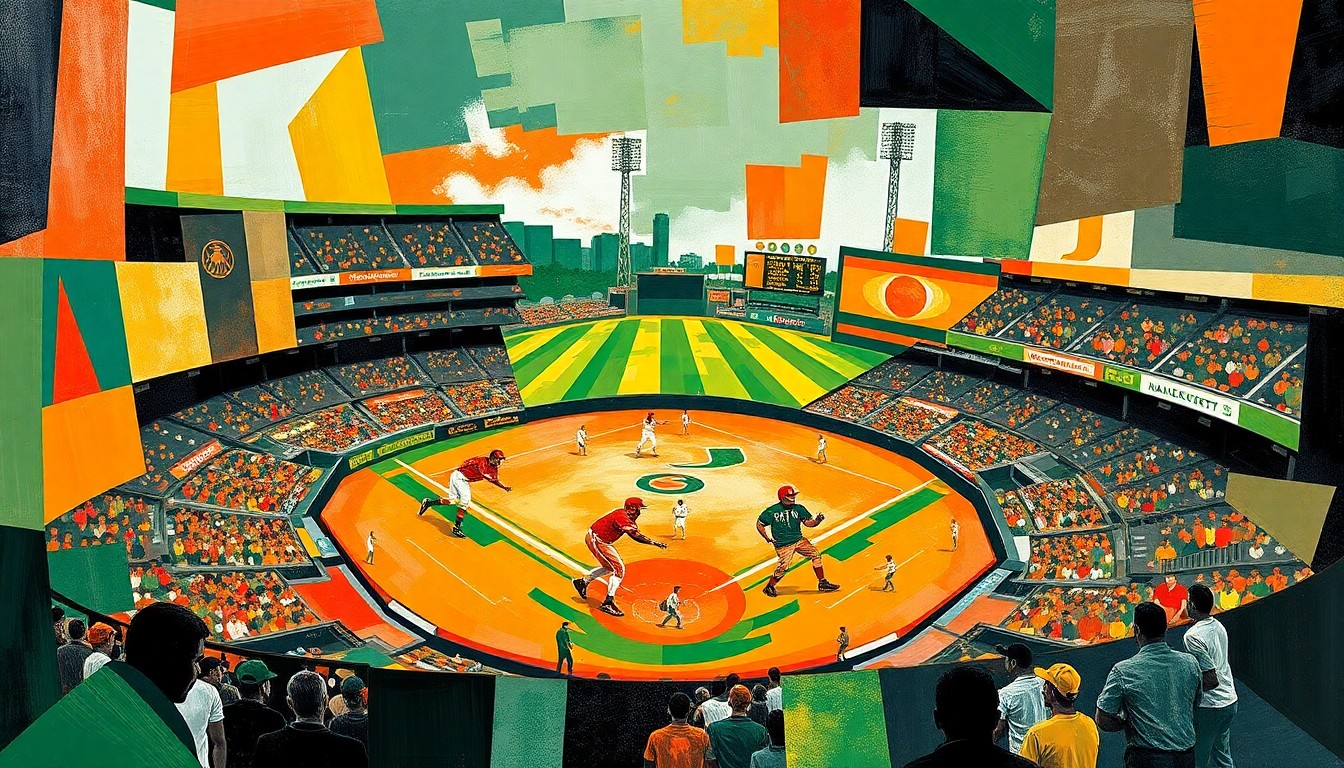 A cubist, geometric painting depicting a baseball game, with sharp, overlapping planes of color representing the Miami Hurricanes and Wake Forest Demon Deacons uniforms and players.