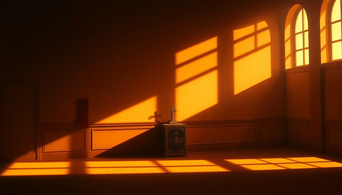 A dimly lit, cinematic painting depicting a solitary royal object or setting, such as a crown or throne, bathed in warm, diagonal sunlight and deep shadows, conveying a sense of nostalgia and the complex emotions surrounding the royal family's internal dynamics.