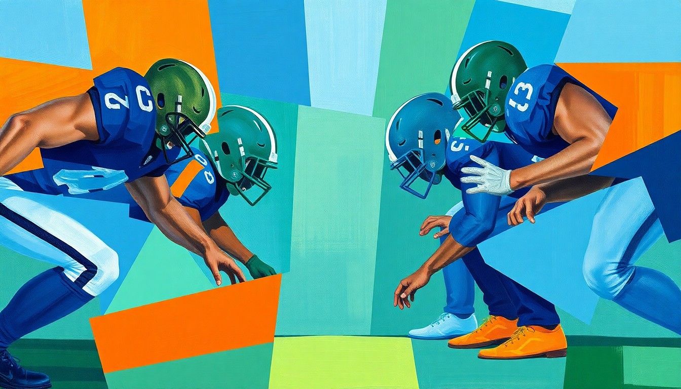 A cubist, geometric painting depicting an offensive line in action, with players' bodies and equipment broken down into sharp, overlapping planes of color.