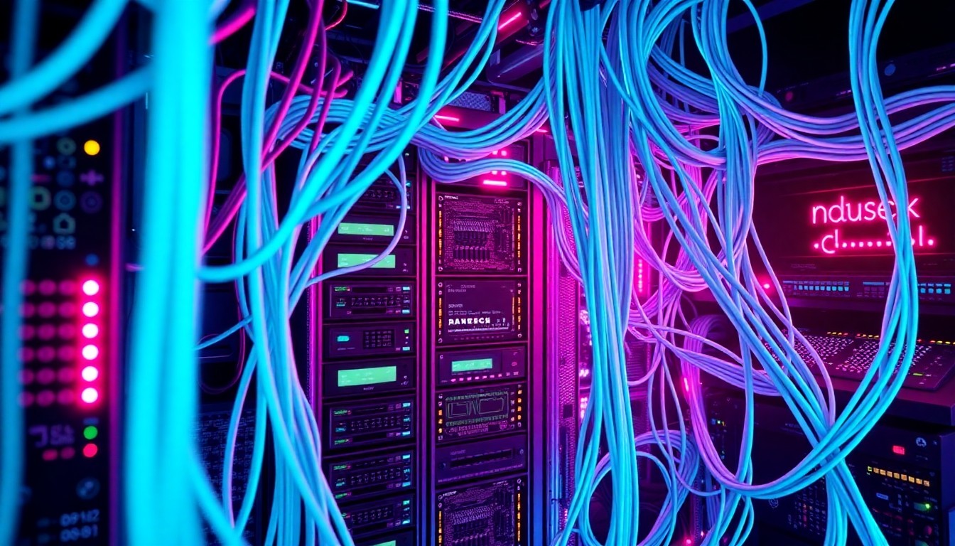 A highly detailed, three-dimensional illustration of a tangled network of glowing blue and pink fiber optic cables, circuit boards, and data servers, conceptually representing the advanced infrastructure enabling IP-based media production.