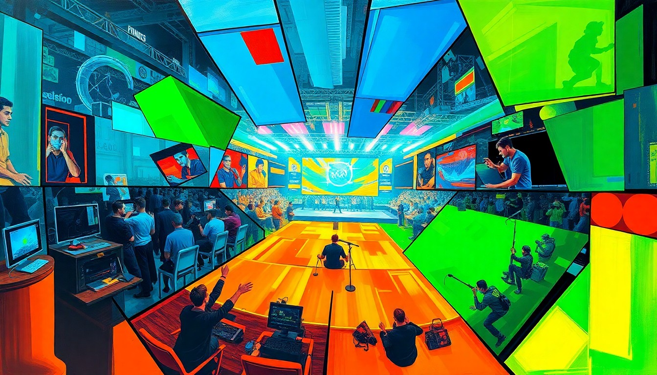 A cubist, geometric painting depicting an esports competition, with sharp, overlapping shapes and planes in vibrant colors representing the dynamic action and competition of the game.