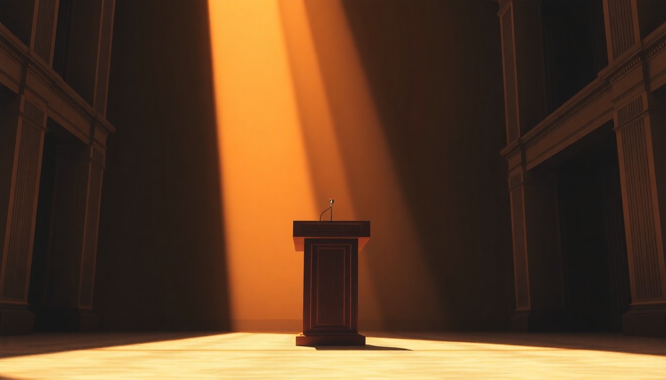 A quiet, cinematic painting of a solitary political podium standing alone in an empty government building, bathed in warm, diagonal sunlight and deep shadows, conceptually representing the neutrality and uncertainty surrounding Michigan's high-stakes Democratic primaries.