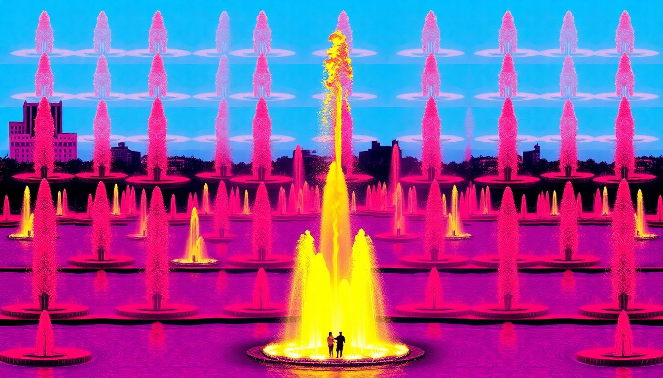 A vibrant, high-contrast silkscreen illustration featuring the iconic Point State Park fountain repeated in a grid pattern, rendered in bold neon colors and heavy black outlines to capture the energy and significance of this landmark ahead of major events.