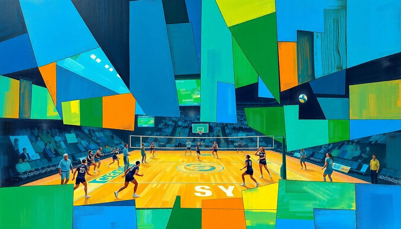 A fragmented, geometric painting in bold colors representing the dynamic movement and energy of a college volleyball game.