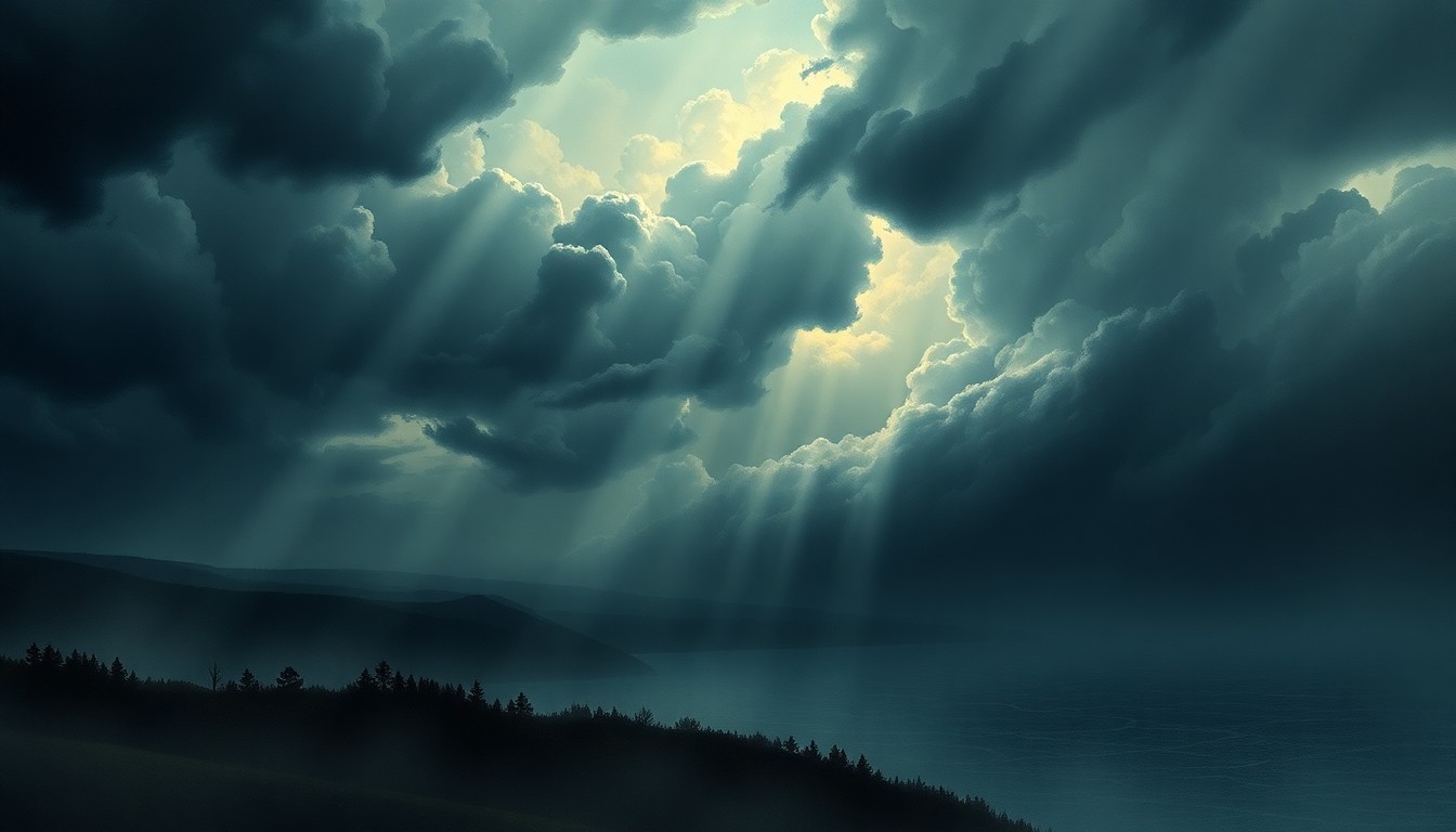 A dramatic, atmospheric landscape painting in muted tones of grey, blue, and green, with a stormy sky dominating the scene and obscuring the details of the coastal region below.