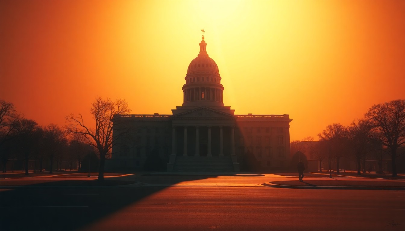 A serene, photorealistic painting of a state capitol building in warm, golden light, with deep shadows and a sense of quiet contemplation, conceptually representing the political significance of the election outcome.