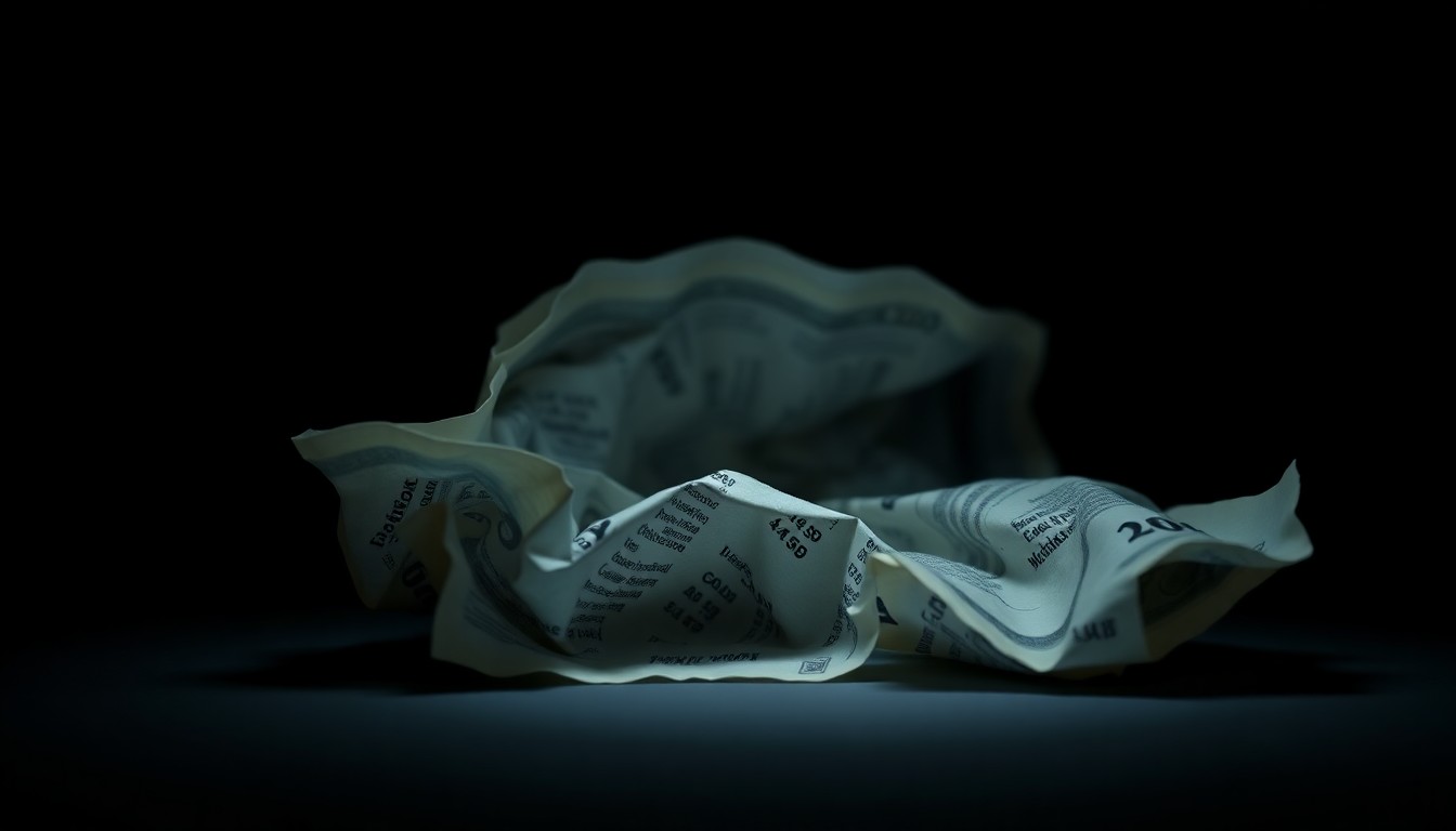 An extreme close-up photograph of a crumpled financial document, the harsh lighting and stark black background conveying the serious, investigative nature of the alleged fraud scheme.