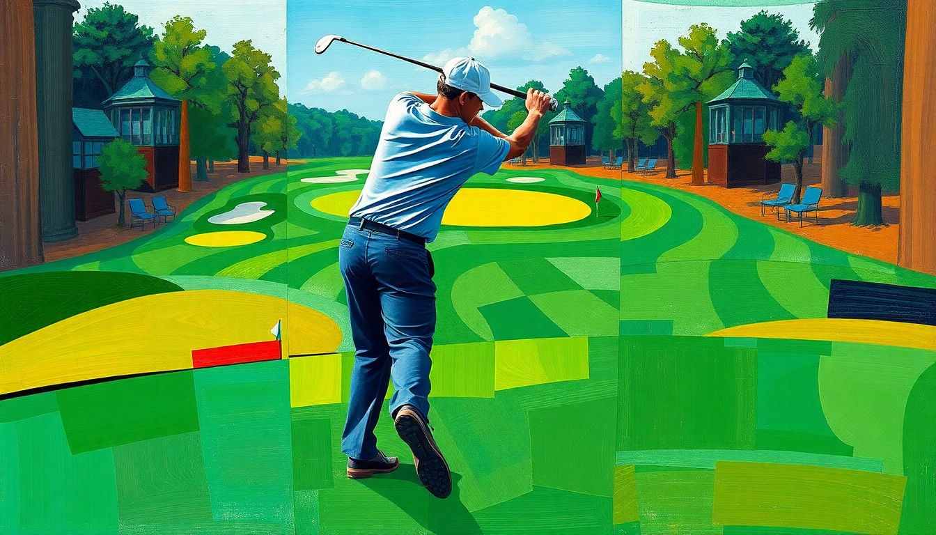 A fractured, multi-perspective painting depicting a golfer's swing broken down into sharp, overlapping geometric planes in vibrant greens, browns, and blues, conceptually representing the artistry and complexity of the sport.