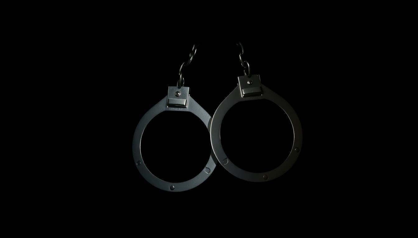An extreme close-up photograph of a set of handcuffs against a pitch-black background, lit by a harsh, direct camera flash, creating a stark, gritty, investigative aesthetic.