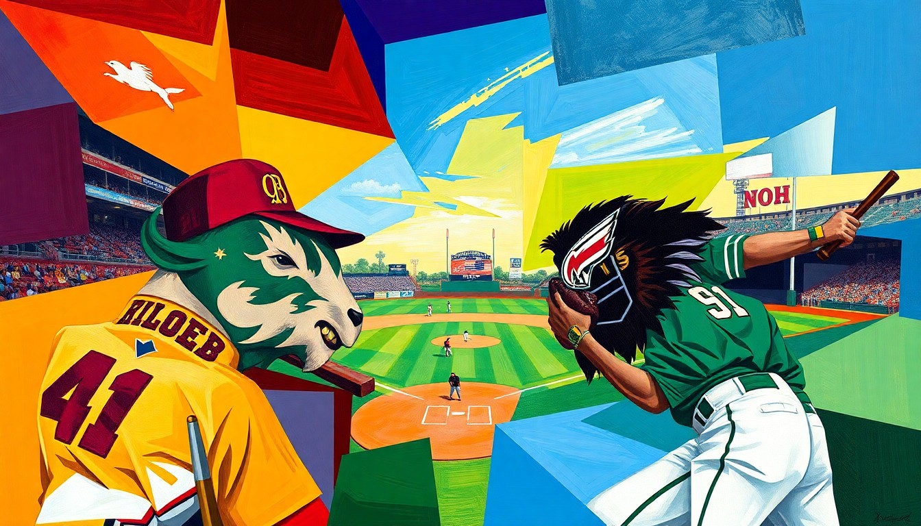 A cubist, geometric painting depicting a baseball game between two teams, with the players and field fractured into overlapping planes of vibrant colors representing the official uniforms.