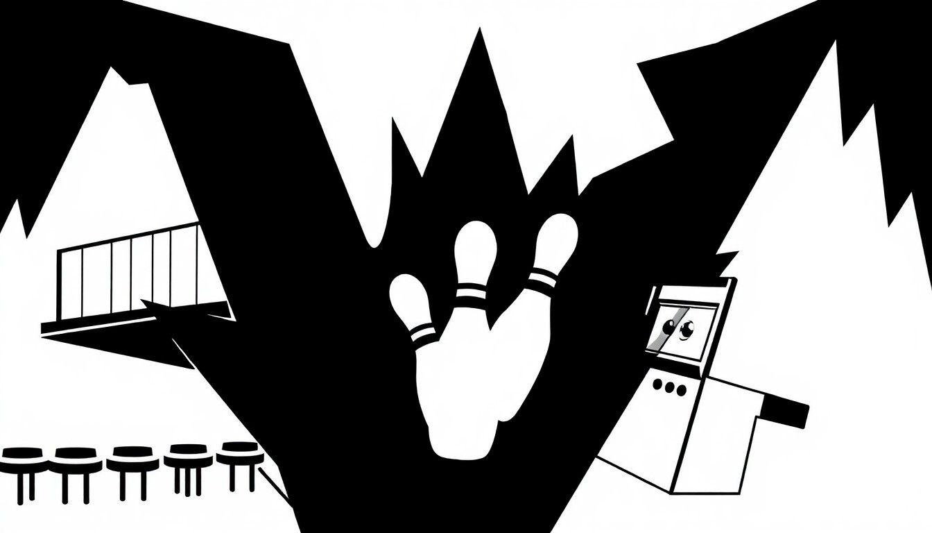 A conceptual illustration featuring bold, abstract geometric shapes in high-contrast black and white, representing the different entertainment elements of a movie theater, bowling alley, and arcade.