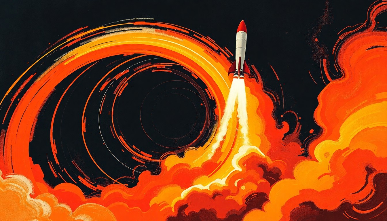 A highly textured, abstract painting featuring bold geometric shapes and sweeping arcs in a fiery color palette, conceptually representing the power and complexity of a rocket launch.