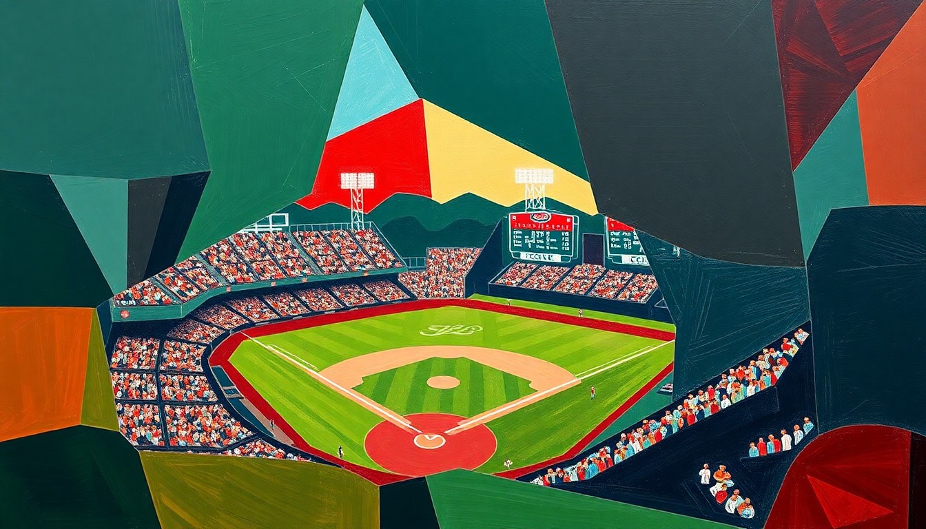 A fragmented, abstract painting depicting a college baseball game, with players and the field broken down into sharp, overlapping geometric shapes in a palette of deep greens, blues, and reds, conveying the intensity and energy of the sport.