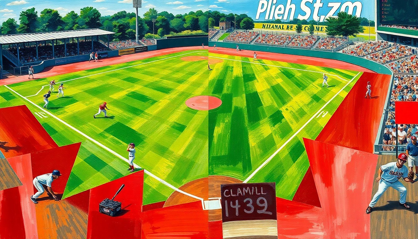 A fragmented, geometric painting depicting the dynamic movements and competing perspectives of a high school baseball game, using bold colors and angular shapes to capture the energy of the sport.