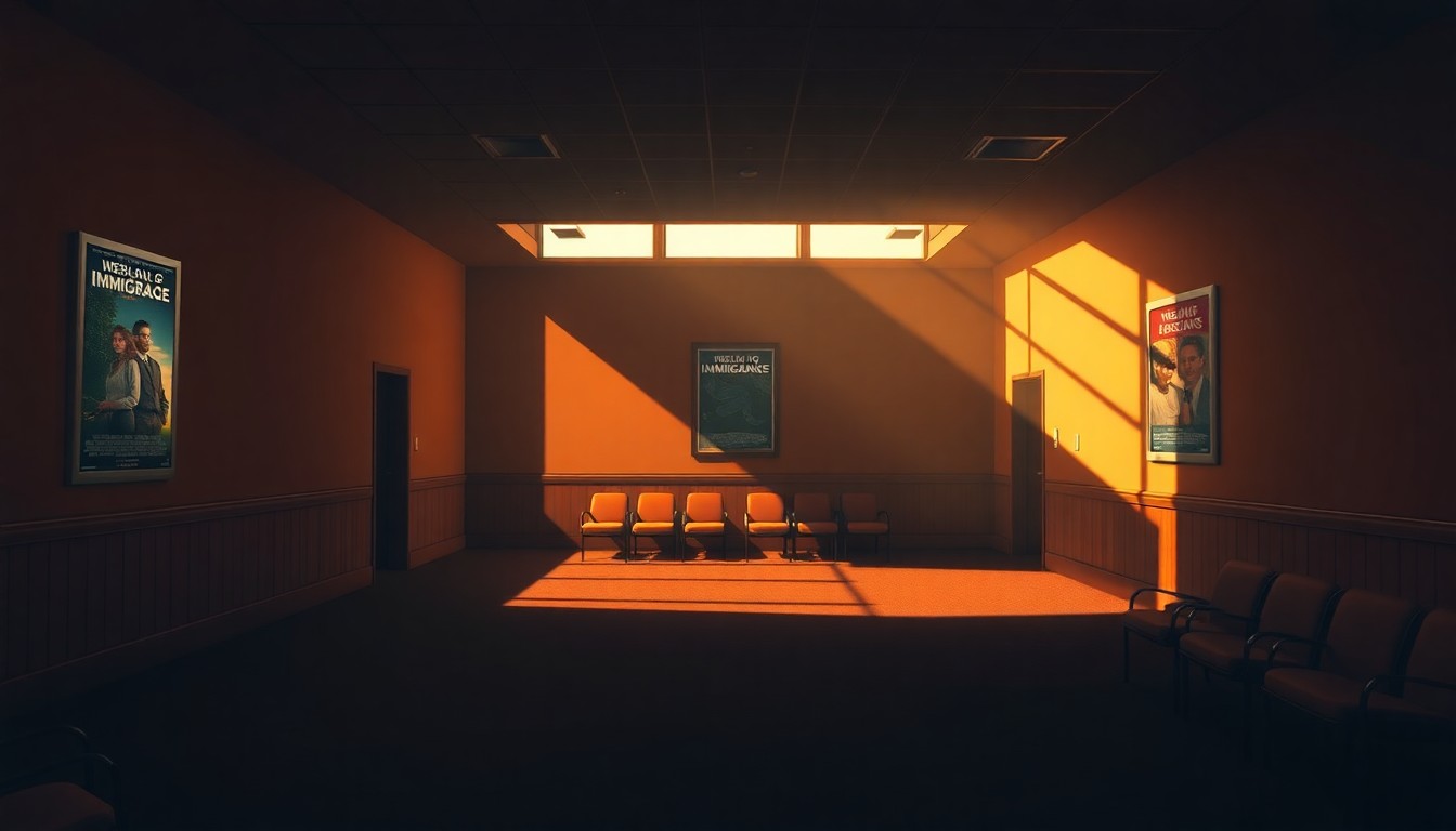 A dimly lit, cinematic movie theater lobby with warm sunlight streaming through the windows, casting long shadows across the empty space and highlighting a single movie poster on the wall.
