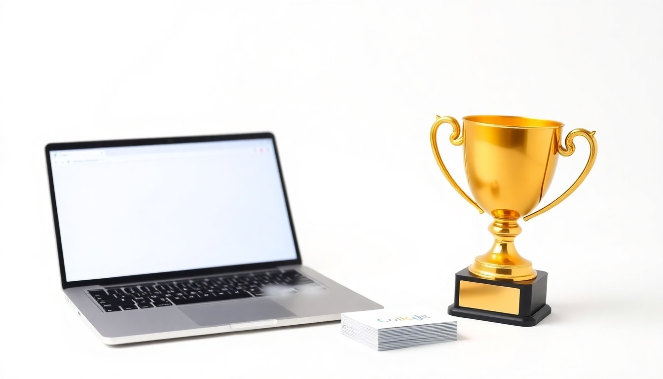 A photorealistic studio still life featuring a laptop computer, business cards, and a trophy award, symbolizing the success of a tech startup in a pitch competition.