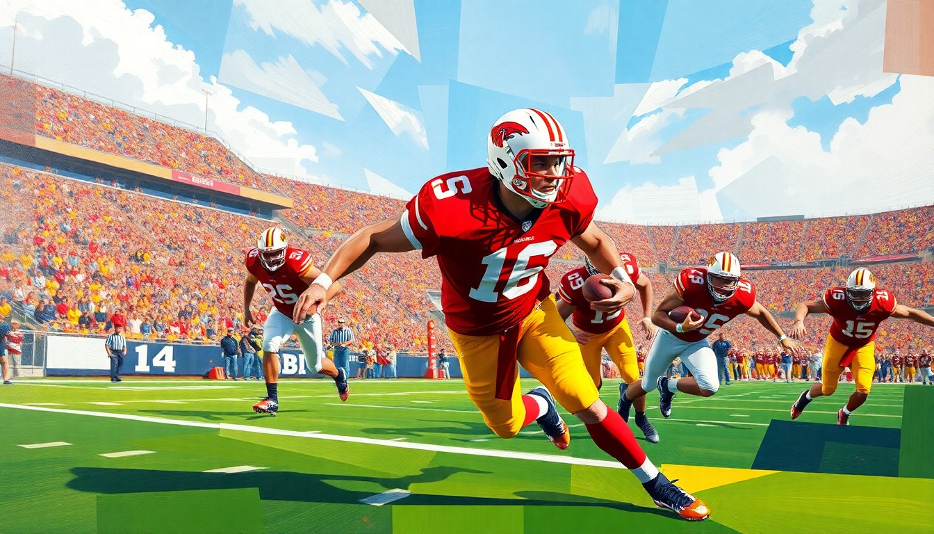 A fragmented, geometric painting in the colors of the Iowa State Cyclones, depicting a college football player in mid-motion on the field, with sharp, overlapping planes of color and form.