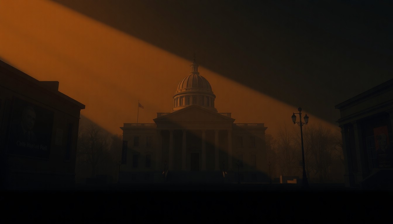 A serene, cinematic painting of a city hall building or other political setting, with warm sunlight casting long shadows across the facade and surrounding landscape, capturing a sense of civic duty and the weight of local leadership.