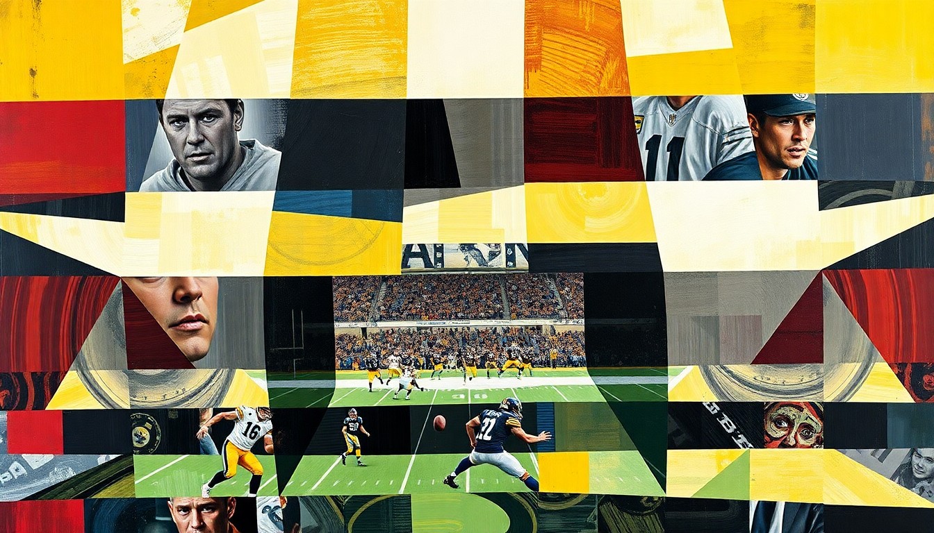A cubist-style painting featuring overlapping geometric shapes and planes in the Steelers' colors of black and gold, conveying the multifaceted challenge of the team's draft decisions.