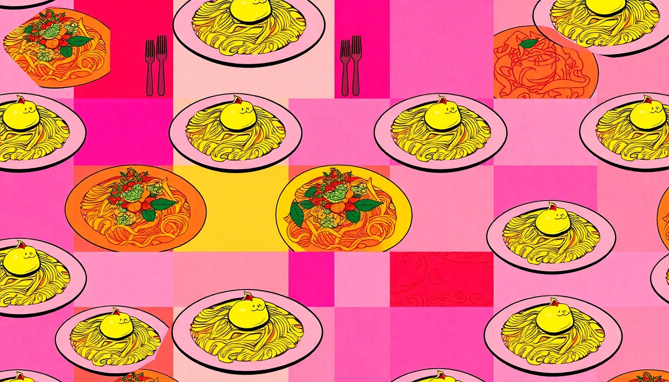 A brightly colored, high-contrast silkscreen print of a single, iconic Mediterranean dish such as a plate of pasta or a seafood platter, repeated in a tight grid pattern to capture the modern, playful aesthetic of the new Del Mar restaurant.