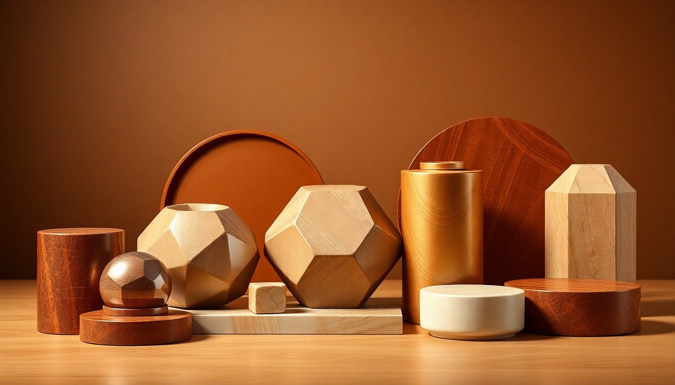 A photorealistic studio still life featuring a collection of polished, geometric objects in warm brown, beige, and gold tones, conceptually representing the historic architecture, premium materials, and financial considerations of the Bennett House redevelopment project.