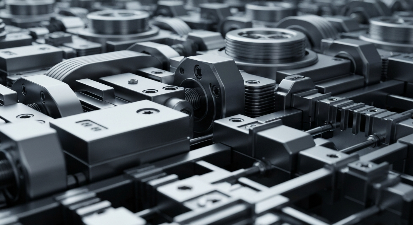 An extreme close-up of highly detailed, gleaming metal gears, valves, and components, conceptually representing the complex financial and technological infrastructure powering Syndax Pharmaceuticals' cancer research.