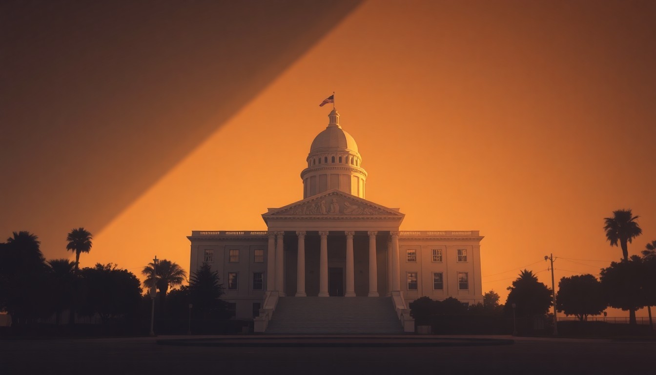 A quiet, cinematic painting of an empty government building in California, with warm sunlight and deep shadows creating a sense of political tension and uncertainty.