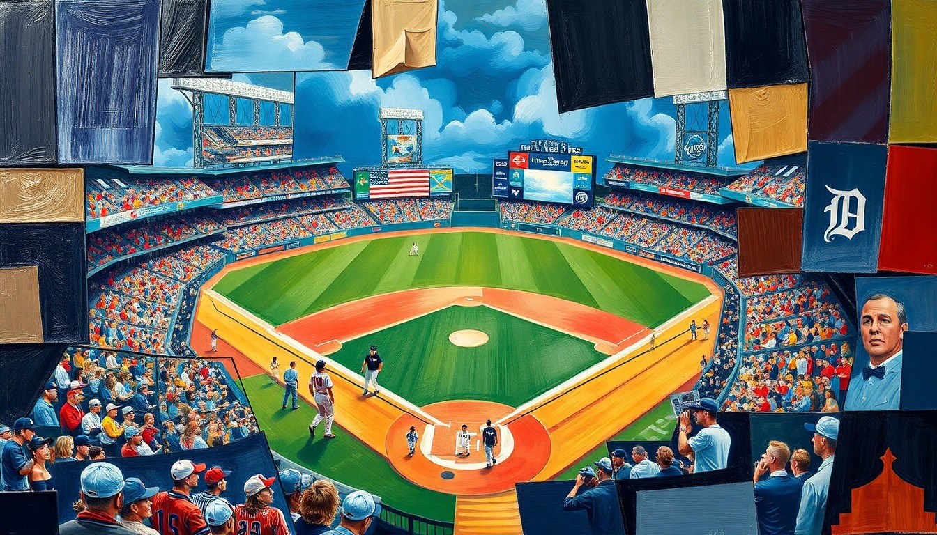 A cubist, geometric painting depicting a baseball game or match between the Minnesota Twins and Detroit Tigers, with the players and field broken down into sharp, overlapping planes of color and shape.
