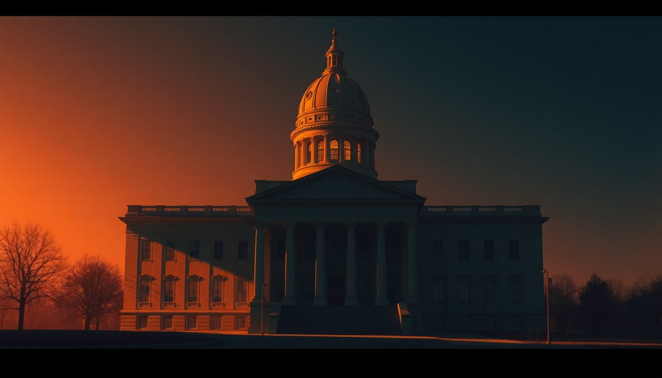 A serene, nostalgic painting of a state capitol building in warm, golden light, conveying the quiet tension and high stakes of a legal challenge to the state's tax policy.