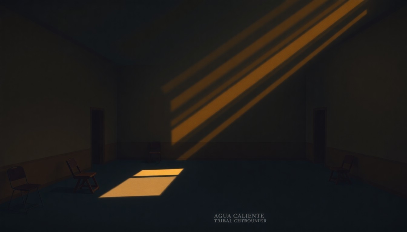 A dimly lit, cinematic painting of an empty government meeting room, with warm sunlight streaming through the windows and creating deep shadows, conveying a sense of quiet contemplation and civic responsibility.