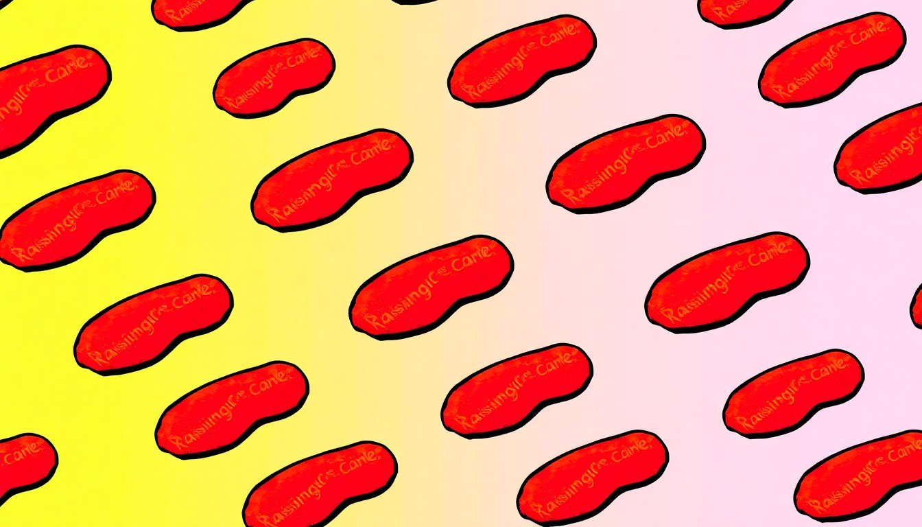 A bold, colorful silkscreen-style illustration featuring a single Raising Cane's chicken tconcludeer repeated in a grid pattern, conceptually representing the excitement around the restaurant's planned expansion into the Capital Region.