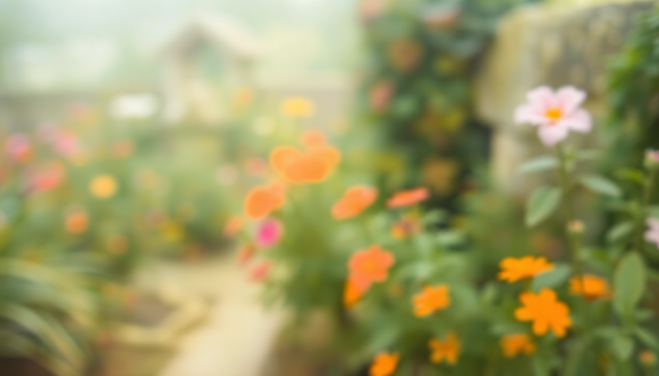 An impressionistic, out-of-focus photograph depicting a blurred, dreamlike scene of a lush, vibrant garden, conceptually representing the life and legacy of Roxie Harwell.
