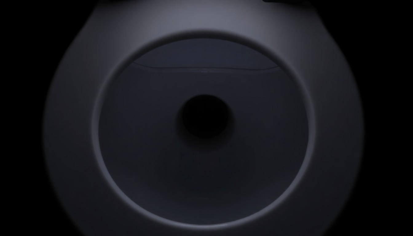 An extreme close-up photograph of a cracked and damaged toilet tank lid, lit by a harsh, direct camera flash against a pitch-black background, creating a stark, gritty, investigative aesthetic to represent the disturbing crime scene details.